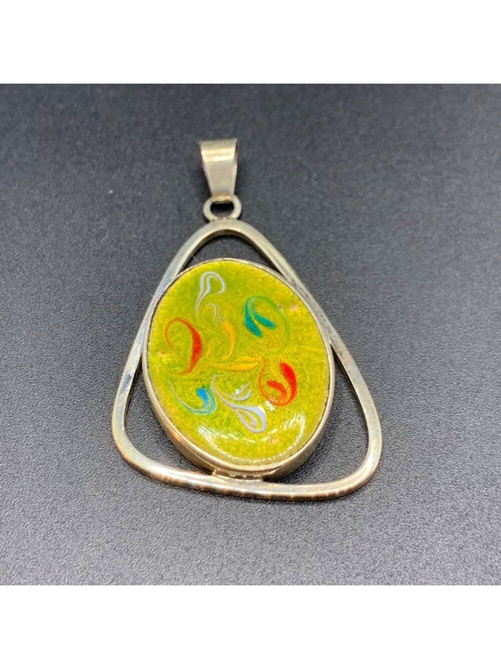 Artisan Glass Statement Pendant Hand Painted Vintage 925 Sterling Silver 2" long